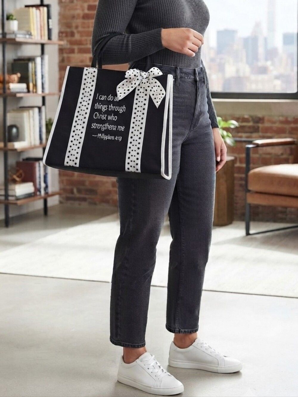 Market Black & White Polka Dot Bow Tote Bag Philippians 4:13 Scripture Verse - Picture 9 of 11